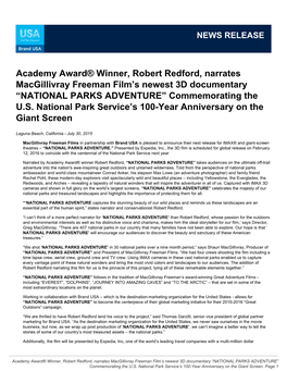 Academy Award® Winner, Robert Redford, Narrates Macgillivray Freeman Film’S Newest 3D Documentary “NATIONAL PARKS ADVENTURE” Commemorating the U.S