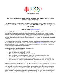 Cbc Announces Broadcast Plans for the Sochi 2014 Olympic Winter Games Starting February 6 on Cbc