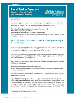 March 2018 Office of Superintendent of Public Instruction (OSPI) Monitoring of Special Education Preschool to Kindergarten Night