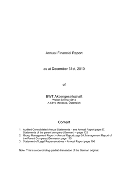 Annual Financial Report As at December 31St, 2010 of BWT