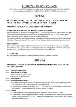 Luxulyan Parish Council Notice Agenda