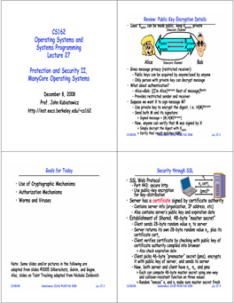 CS162 Operating Systems and Systems Programming Lecture 27 Protection and Security II, Manycore Operating Systems