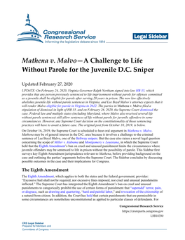 Mathena V. Malvo—A Challenge to Life Without Parole for the Juvenile D.C