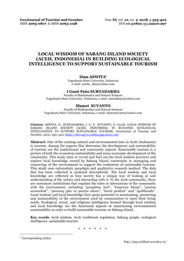 Local Wisdom of Sabang Island Society (Aceh, Indonesia) in Building Ecological Intelligence to Support Sustainable Tourism