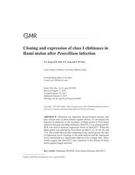 Cloning and Expression of Class I Chitinases in Hami Melon After Penicillium Infection