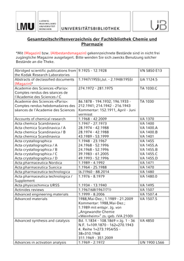 Gesamtzeitschriftenverzeichnis Der Fachbibliothek Chemie Und Pharmazie