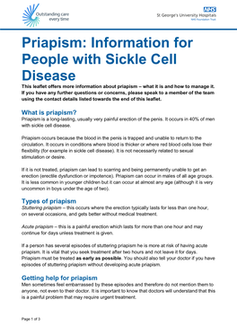 Priapism: Information for People with Sickle Cell Disease This Leaflet Offers More Information About Priapism – What It Is and How to Manage It