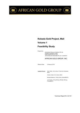 Kobada Gold Project, Mali Volume 1 Feasibility Study