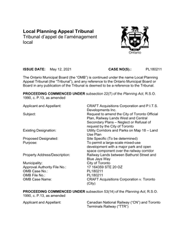 LOCAL PLANNING APPEAL TRIBUNAL Tribunal D'appel De L'aménagement Local PROCEEDING COMMENCED UNDER Subsection 22(7) of the Planning Act, R.S.O