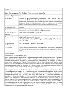 Enging the Lawfulness of the Administrative Acts Permitting the Extraction of Copper- Molybdenum in the Region of Teghout