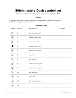 Stitchmastery Dash Symbol Set This Document Describes One of the Symbol Sets in Stitchmastery Version 3.0.0