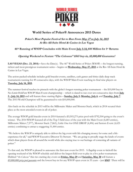 World Series of Poker® Announces 2015 Dates