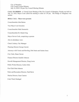 A Virtual Zoom Meeting of the City Council of Marathon, Florida Was Held on July 14, 2020, Mayor Cook Called the Meeting to Order at 5:30 Pm