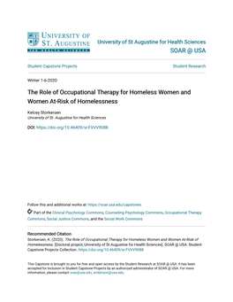 The Role of Occupational Therapy for Homeless Women and Women At-Risk of Homelessness