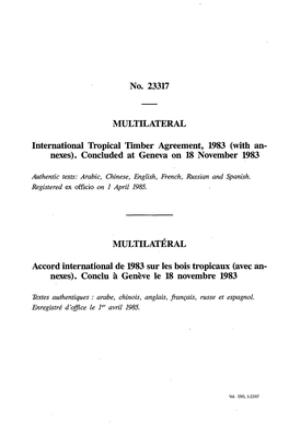 No. 23317 International Tropical Timber Agreement, 1983 (With An