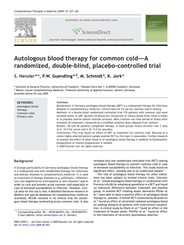 Autologous Blood Therapy for Common Cold—–A Randomized, Double-Blind, Placebo-Controlled Trial