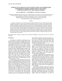 Storage on Maternal Plants Affects Light and Temperature Requirements During Germination in Two Small Seeded Halophytes in the Arabian Deserts