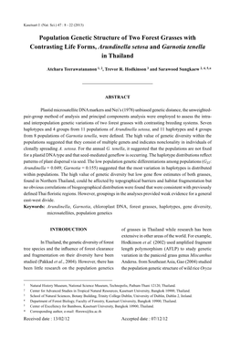 Population Genetic Structure of Two Forest Grasses with Contrasting Life Forms, Arundinella Setosa and Garnotia Tenella in Thailand