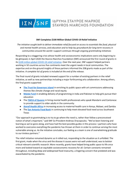 SNF Completes $100 Million Global COVID-19 Relief Initiative The