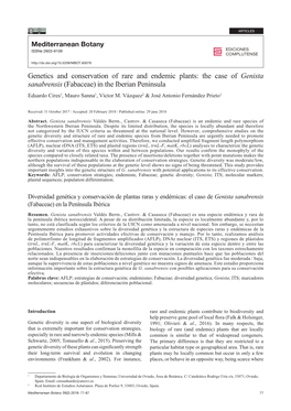 Genetics and Conservation of Rare and Endemic Plants: the Case of Genista Sanabrensis (Fabaceae) in the Iberian Peninsula Eduardo Cires1, Mauro Sanna1, Víctor M