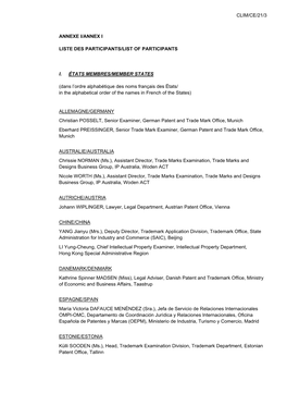 CLIM/CE/21/3 ANNEXE I/ANNEX I LISTE DES PARTICIPANTS/LIST of PARTICIPANTS I. ÉTATS MEMBRES/MEMBER STATES (Dans L'ordre Alphab