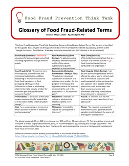 Glossary of Food Fraud-Related Terms Version: May 17, 2020 -- by John Spink, Phd