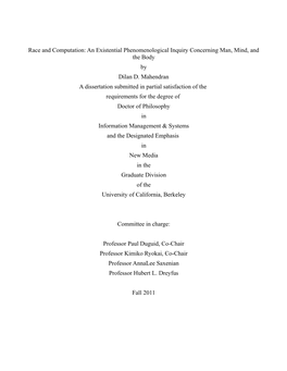 Race and Computation: an Existential Phenomenological Inquiry Concerning Man, Mind, and the Body by Dilan D