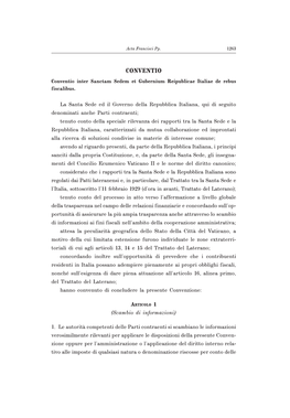 CONVENTIO Conventio Inter Sanctam Sedem Et Gubernium Reipublicae Italiae De Rebus Fiscalibus