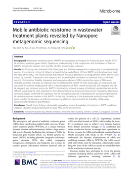 Mobile Antibiotic Resistome in Wastewater Treatment Plants Revealed by Nanopore Metagenomic Sequencing You Che, Yu Xia, Lei Liu, An-Dong Li, Yu Yang and Tong Zhang*