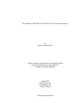 The Influence of Male Diet on Life History Traits of Female Mosquitoes