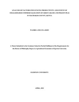 Analysis of Factors Influencing Productivity and Extent of Smallholder Commercialization of Green Grams and Pigeon Peas in Machakos County, Kenya