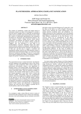APPROACHING EXOPLANET SONIFICATION Adrián García Riber AGR Image and Sound Art, Music Research and Sound Engine