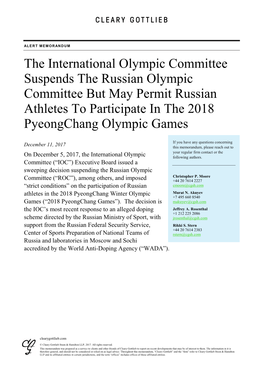 IOC Suspends the Russian Olympic Committee but May Permit Russian Athletes to Participate in 2018 Olympics