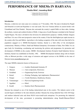 PERFORMANCE of Msems in HARYANA Monika Bisla1, Amandeep Bisla2