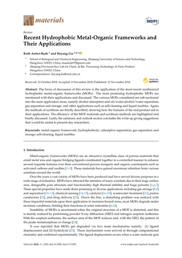 Recent Hydrophobic Metal-Organic Frameworks and Their Applications