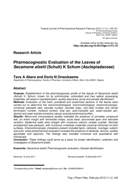 Pharmacognostic Evaluation of the Leaves of Secamone Afzelii (Schult) K Schum (Asclepiadaceae)