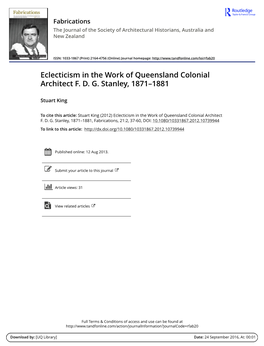 Eclecticism in the Work of Queensland Colonial Architect F. D. G. Stanley, 1871–1881