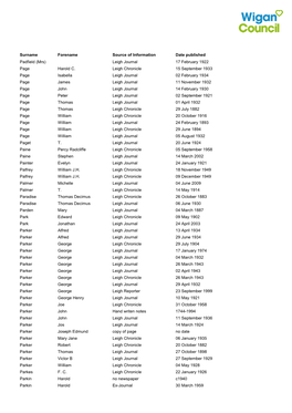 Surname Forename Source of Information Date Published Padfield (Mrs) Leigh Journal 17 February 1922 Page Harold C