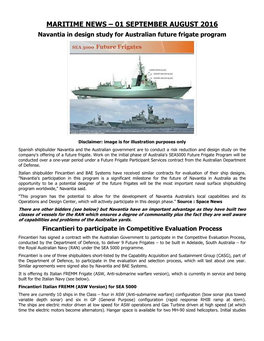 MARITIME NEWS – 01 SEPTEMBER AUGUST 2016 Navantia in Design Study for Australian Future Frigate Program