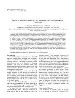 Fatty Acid Composition of Select Sea Anemones from Mandapam Coast, Tamil Nadu