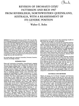 Revision of Dromaius Gidju Patterson and Rich 1987 Fr Om Riverslei G H, Nor Thwestern Q Ueensland , Australia, with a Reassessment of Its Generic Position