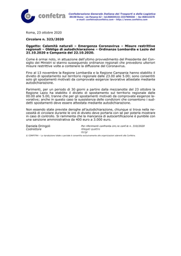 Roma, 23 Ottobre 2020 Circolare N. 323/2020 Oggetto: Calamità Naturali