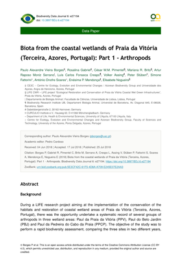 Biota from the Coastal Wetlands of Praia Da Vitória (Terceira, Azores, Portugal): Part 1 - Arthropods