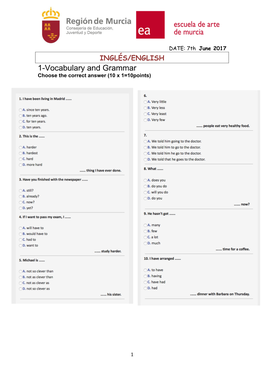 1-Vocabulary and Grammar Choose the Correct Answer (10 X 1=10Points)