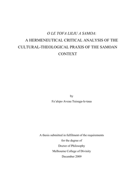 O Le Tofa Liliu a Samoa: a Hermeneutical Critical Analysis of the Cultural-Theological Praxis of the Samoan Context