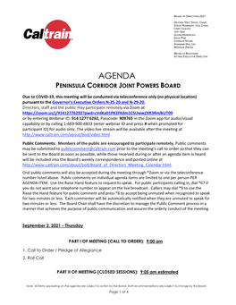 Agenda Peninsula Corridor Joint Powers Board