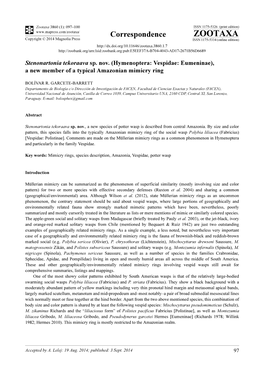 Hymenoptera: Vespidae: Eumeninae), a New Member of a Typical Amazonian Mimicry Ring