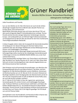 Grüner Rundbrief Bündnis 90/Die Grünen, Kreisverband Reutlingen