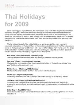 Thai Holidays for 2009