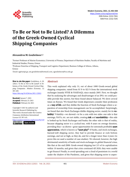 To Be Or Not to Be Listed? a Dilemma of the Greek-Owned Cyclical Shipping Companies